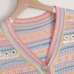 Hnewly Rainbow Striped Knitted Sweater For Women's 2025 Summer New Thin Short Sleeved V-neck Hollow Out Holiday Sun Protection Top