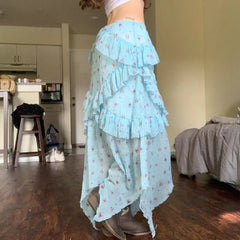 Hnewly Vintage Floral Skirt Women Boho Mesh Y2k Ruffle Skirts Irregular Summer Fashion Layered Vacation Long Skirts Streetwear