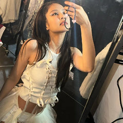 Hnewly Aesthetic Bow Cross Bandage Crop Top Women O Neck Sleeveless Ribbed Kawaii T Shirt Fashion Streetwear Cute Slim Vest