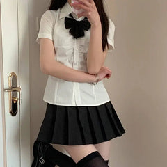 Hnewly Shirts Women Solid Preppy Simple Slim Summer Short Sleeve Chic Folds Leisure Female Korean Style All-match New Design Clothing