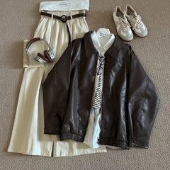 Hnewly Retro Chic pu Leather Jacket Women's 2025 Spring Autumn Fashion Lapel Versatile Windproof Sweet&Cool BF Style Female Outerwear