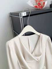 Hnewly French Style Retro Solid Color Women Satins Shirt Fashion New Pleated Long Sleeve Blouses Female Slim Tie Up Clothes Chic