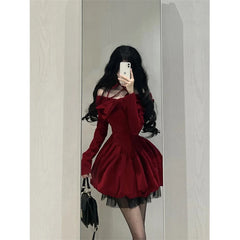 Hnewly Vintage Bow Mini Dress Women Y2K Sexy Slash Neck Red Velvet Dresses Winter Kawaii Christmas Party Bodycon A Line Vestidos