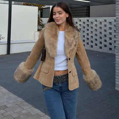 Hnewly Retro-Style Suede Suit Fur Collar Jacket Women's Detachable Fur Collar Button Pocket Loose Patchwork Coat Autumn Winter