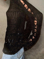 Hnewly FALL OUTFITS Vintage White Ripped Hole Grunge Sweater Women Casual Loose Jumper Solid Long Pullovers Knitted Hollow Out Holidays