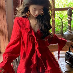 Hnewly DRESS TO IMPRESS Elegant V-neck Ruffles Long Sleeve Tops Women+ Y2k E-Girl High Waist Ruched A-line Skirts Spring New Red Two Piece Sets