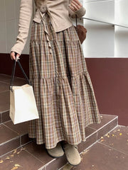 Hnewly Plaid Long Skirt Women Vintage Elegant Preppy Style Midi Skirts Harajuku Autumn Winter Casual Streetwear A-line Skirts