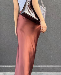 Hnewly Silk Satin Skirts for Women 2024 Summer Casual Style A-line Solid Color Elastic High Waist Side Slit Champagne Skirt