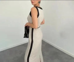 Hnewly Sleeveless Contrast - Detailed Maxi Dress for Women, Tie - Waist Long Dress with Belt, Ideal for Party