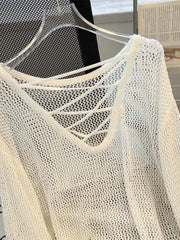 Hnewly Black White Striped Ice Silk Knitted Sweater Women Long Sleeved Loose Lazy Style Mesh Pullover Spicy Girl Hollow Out Top