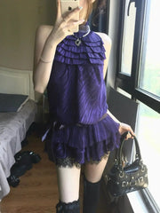 Hnewly Purple Satin Lace Halter Dress Sleeveless Waist Cinched Cake Skirt Short Vintage Women Summer Fashion Sexy Gown Neck Hanging