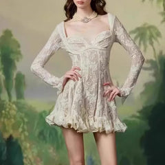 Hnewly Fashion Lace Dress Women's Square Collar Long Sleeve Backless Casual Dresses 2025 Summer New Tide