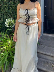 Hnewly Ruffle Bandage Mesh Dress Sets For Women Lace See Through Crop Tops Ladies Holiday Elegant Skirt Suits Womens Outfits New