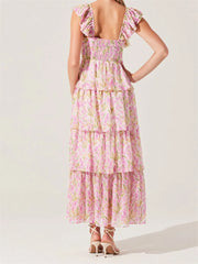 Hnewly Women's Floral Dress Stylish Multi-Layered Ruffles Split Cap Sleeve Long A-Line Dress Summer