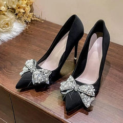 Hnewly New Fashion Bowknot Pointed Toe High Heels Pumps Women's Stiletto White Pearl Bridal Wedding Shoes Banquet Party Dress Shoes