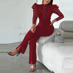 Hnewly Sexy Perspective Slim Pencil Pants Jumpsuit Casual Autumn Long Sleeved Playsuit Ladies Elegant Lace Mesh Club Party Romper