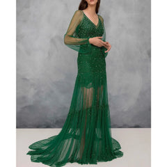 Hnewly Mermaid V-Neck Sequin Lantern Sleeves Evening Dresses Elegant Floor Length Sweep Train Tulle Shiny Custom Made Prom Gown