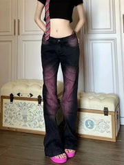 Hnewly American Retro Tie Dyed Purple Pink Flared Jeans for Women Summer New Straight Trousers Y2k E-Girl Low-waisted Wide Leg Pants