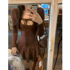 Hnewly 2025 spring fashion trend New Korean Lace Up Patchwork Sexy Slim Long Sleeved T-shirt Women + Floral Printed Casual Cake Skirt Two-piece Suit Chic