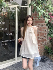 Hnewly Bow Halter Lace Up Blouses Women Polka Dot Korean Tender Princess Style Sleeveless Tops Summer New Design Students Sweet Girls