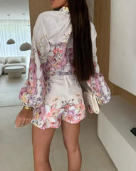 Hnewly Women's Fashionable Two - Piece Set, A Floral Print Button - Front Blouse Combined with Shorts, Completed with a Belt Detail.