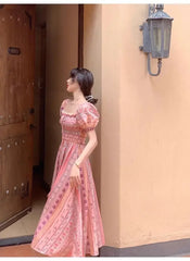 Hnewly Elegant Vintage Floral Midi Dress Women Sweet Puff Sleeve Korean Slim Fairy Dress Female Summer Casual Evening Party Dress