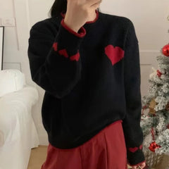 Hnewly y2k Sweaters Women Christmas Clothes Heart Print Round Neck Long Sleeve Knitted Pullover Tops 2000s Aesthetic Clothing