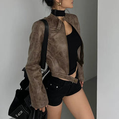 Hnewly Stand Collar Jacket Leather Short Coat Women Autumn New Straight Tube Slim Short Motorcycle Jacket Korean Sweet