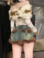 Hnewly winter club outfits American Y2k Hottie Blue Jeans Women's Spring Versatile Skinny Shorts Fashion Design Washed 2000s Fur Streetwear Slim Pants New