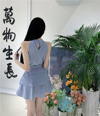 Hnewly Two Piece Set Women Y2k Crop Tank Tops Loose Solid Fashion Camis Sleeveless Blouse High Waist Skirts Elegant Suits Ladies Korean