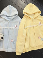 Hnewly Women Cute Cartoon Hoodies Vintage Lace Patchwork Loose Sweet Sweatshirts Fall Preppy Style Japan Pockets Lady Kawaii Tops