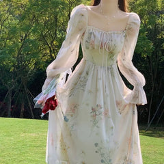 Hnewly Spring Summer Long Sleeve Chiffon Dress Women Elegant Fairy Forest Style Soft Aesthetic Casual Long Maxi Dress
