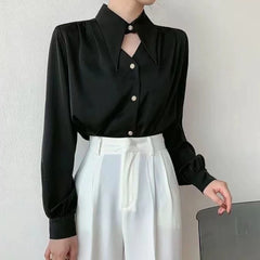 Hnewly Casual Shirts Women Fashion Romantic Solid Soft V-Neck Streetwear Spring All-match Hollow Out Retro European Style Simple Design