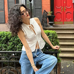 Hnewly y2k Tank Top Women Summer Clothes White Flower Embroidery Mock Neck Front Cutout Sleeveless T Shirt Vest Streetwear