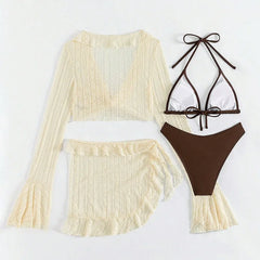 Hnewly Sexy Four-piece Women Swimsuit Long-sleeve Cover-up Swimwear Summer Solid Bikini Set Brazilian Beachwear Party bathing suit