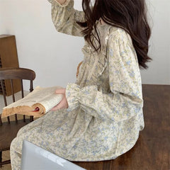 Hnewly Long Sleeve Nightgowns Women Floral Bow Temper Autumn Home Cozy Aesthetic O-neck Prairie Chic All-match Sleepwear Korean Style