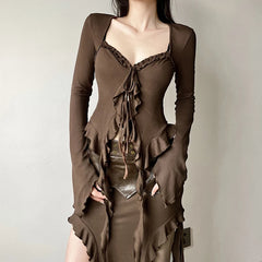 Hnewly 2025 spring fashion trend y2k Fairy Grunge Top Women Clothes Solid Color V Neck Flared Long Sleeve Ruffle Asymmetrical Hem T Shirt Streetwear