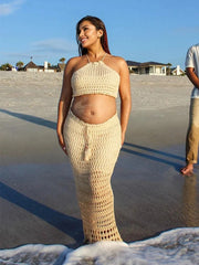 Hnewly Boho Maternity Photography Crochet Set Beige Halter Top Maxi Skirt Beach Pregnancy Photoshoot Outfit Maternity Photo Dress