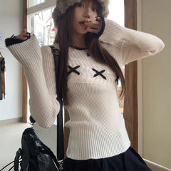 Hnewly Korean Style Elegant Sweaters Sweet Vintage Long Sleeve Knitted Pullover Autumn Winter Patchwork Sweaters Aesthetics