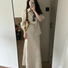 Hnewly Casual Set for Women Simple Collar Loose Long Sleeve Shirt Versatile Half length Long Skirt Two Piece Set