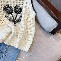 Hnewly Summer Hollow Out Sleeveless Knitted Vest For Women's Outerwear O-Neck Elegant Floral Print Pullover Fashion Girls TankTop