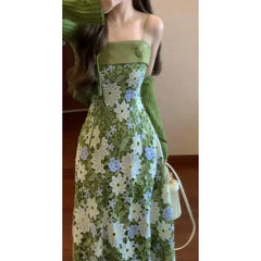 Hnewly Mint Jasmine French Romantic Lace Hollow out Green Strap Dress Air Conditioned Summer Sleeveless Floor Length Square Collar