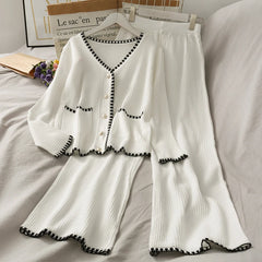 Hnewly Autumn Spliced Color Knitted 2 Piece Sets Women Elegant V-neck Single Breasted Cardigan And High Waist Wide Leg Pants Suit