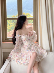 Hnewly France Sweet Tie-dyed Fairy Dress Women Elegant Chic Ruffles V-Neck Long Sleeve Princess Dresses Female Casual Beach Vestidos