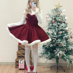 Hnewly Christmas Outfits Sweet Lolita Style Dress Sets Women Elegant Bow Plush Shawl Short Jackets Mini Skirts Suit Kawaii Christmas New Year 3 Piece Set