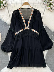 Hnewly Tassel Patchwork V-neck Vacation Dress Sweet Lantern Sleeves Loose Mid Length A-line Dresses Elegant Embroidery Beach Vestido