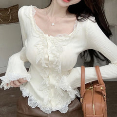 Hnewly Korean Sweet Cute Knit Crop Tops Autumn Spring Long Sleeve T-shirt y2k Fairycore 00s Retro Lace Trim O Neck Button Closure Tops