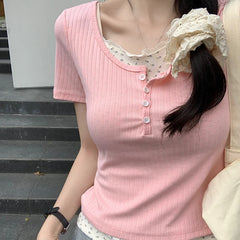 Hnewly Korean Style Chic Patchwork Short Sleeve T-shirts Women Spring Summer O-neck Slim Tee Shirt Sweet Woman Cute Short Tops