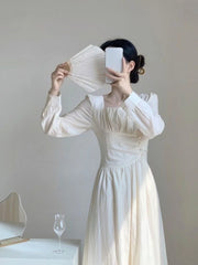 Hnewly Vestidos Mujer White Solid Spring Summer Long Sleeve Korean Fashion Long Dress Elegant A-line Sweet Women Dresses