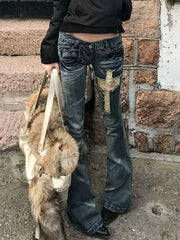 Hnewly Y2k Aesthetic Women Zipper Denim Pant Spring High Waist Vintage Hollow Out Hole Harajuku Pants Streetwear Grunge Flared Trousers